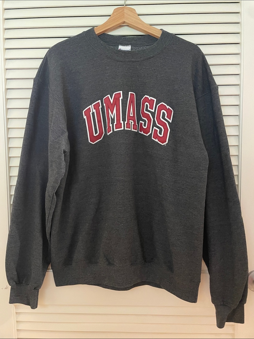 Champion Charcoal Crewneck with Red and White UMASS Lettering